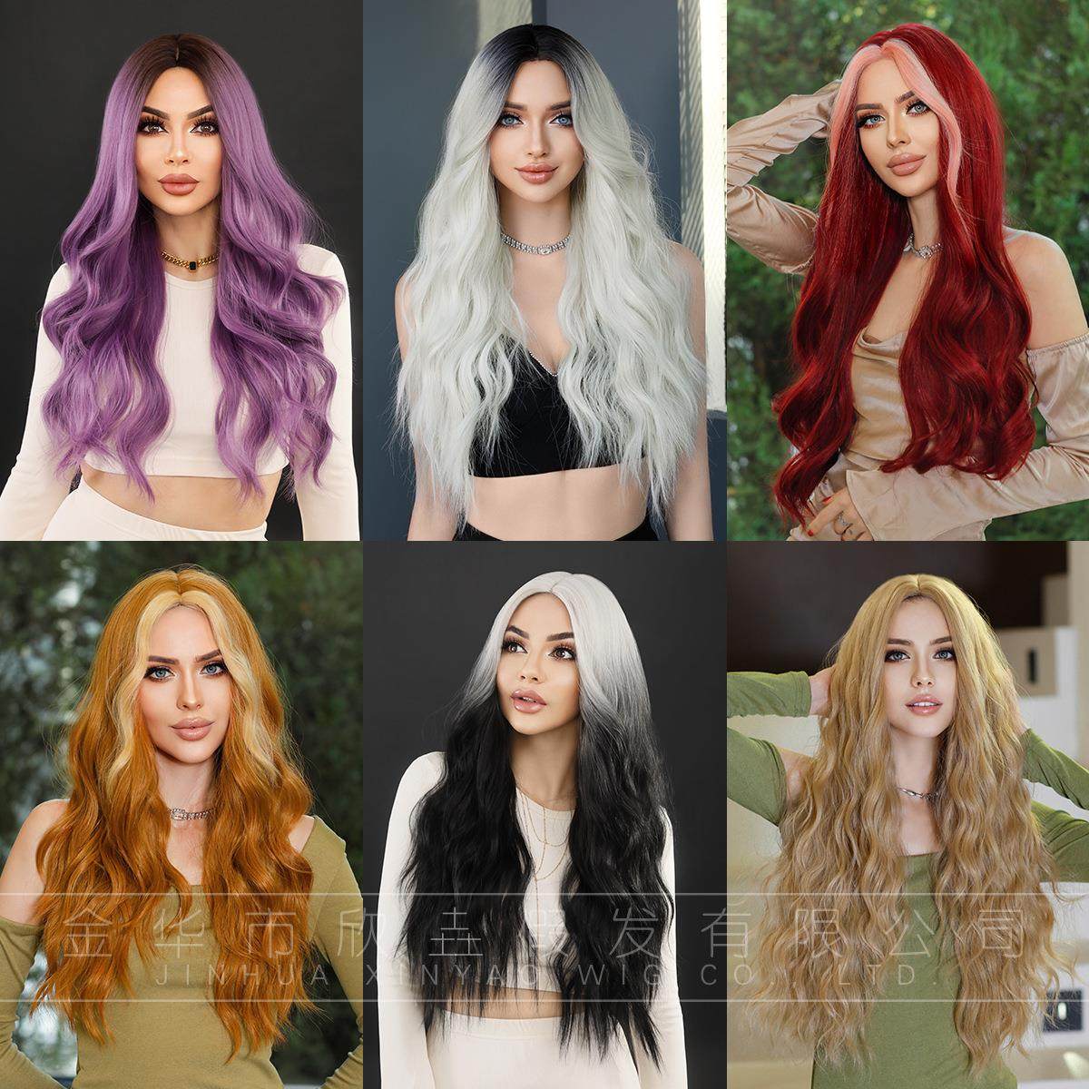 Colored Long Curly Wigs Middle Part Wavy Synthetic Hair Wigs