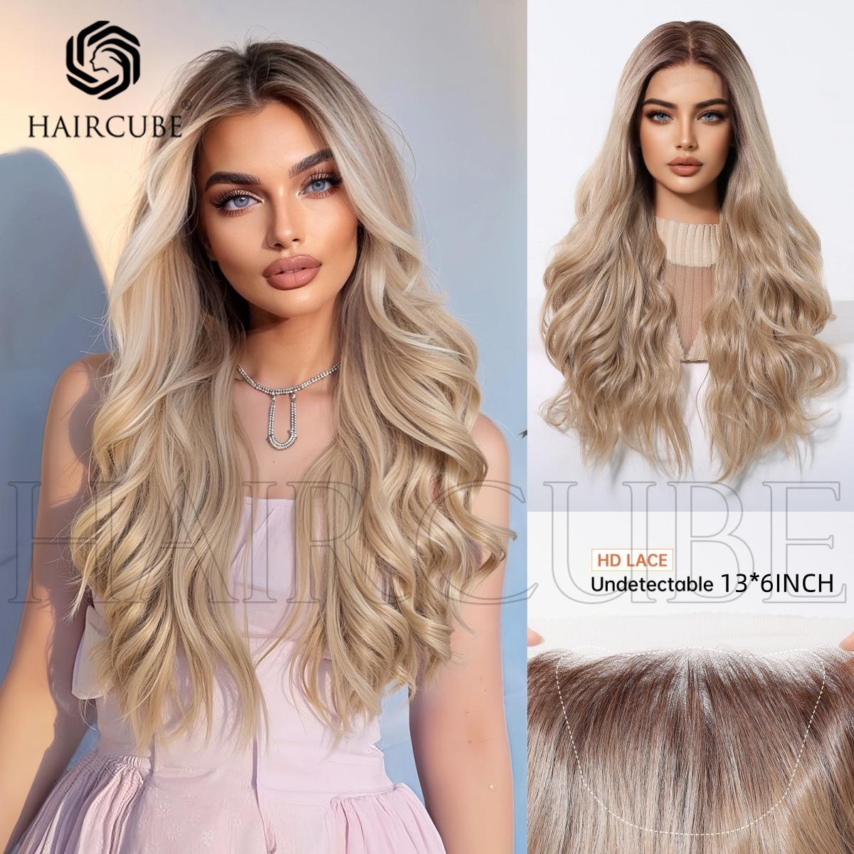 13*6大面积蕾丝日本丝假发自由分缝柔顺渐变白金长卷发假发全头套