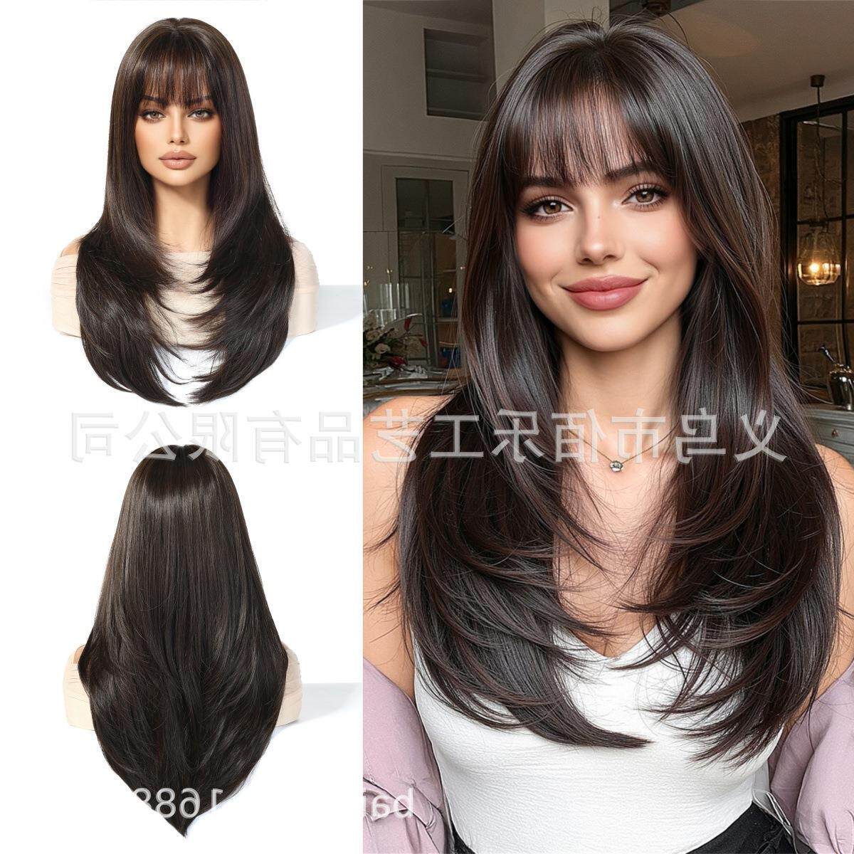 黑棕色长直发假发女全头套层次感头发现货热卖wigs