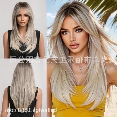 欧美热销白金色假发八字刘海头顶染层次感长直发全头套现货wi