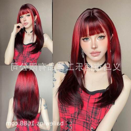 欧美红色渐变假发齐刘海长直发层次感全头套化纤假发hair