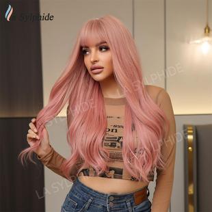 wigs新品 亚马逊外贸机制化纤粉色齐刘海长卷发欧美热销女士hair