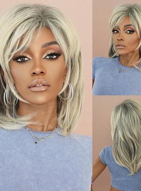 出口跨境假发黑人女分层假发米灰色仿70年代高温丝化纤齐肩假发