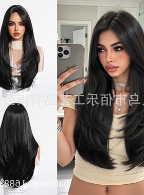 跨境热卖假发黑色自然长卷发长刘海层次感玫瑰网帽耐热发丝wigs