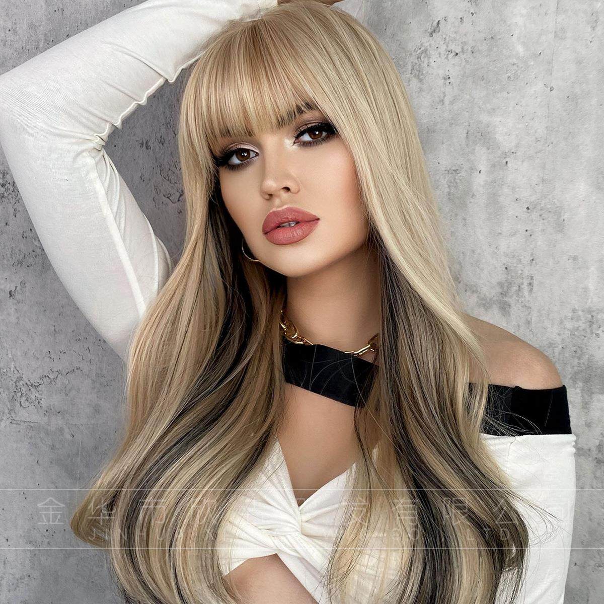 跨境新款假发女长卷发头套式整顶欧美风齐刘海挑染时尚大波浪发套