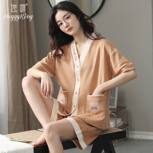 Huggy Kissy女夏季纯棉短袖短裤V领开衫卡通可爱家居服套装可外穿