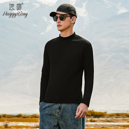 Huggy Kissy秋冬季男士打底衫双面德绒保暖半高领长袖t恤男可外穿