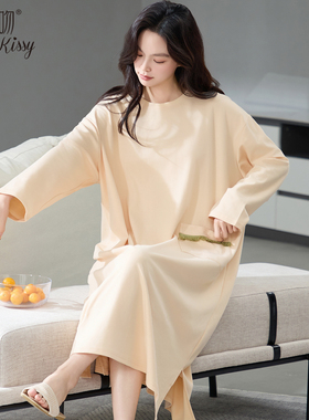 Huggy Kissy长袖睡裙女款纯棉秋冬嫩黄孕妇待产裙女士睡衣居家服