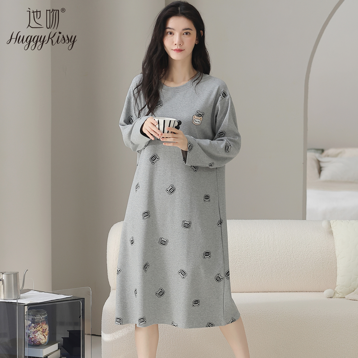 Huggy Kissy 2025新款睡裙女款春秋纯棉中老年长袖长裙睡衣居家服