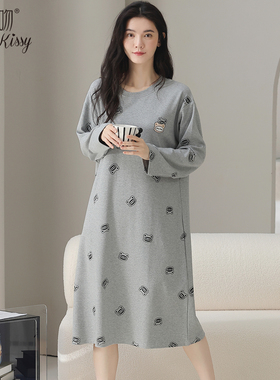 Huggy Kissy 2025新款睡裙女款春秋纯棉中老年长袖长裙睡衣居家服