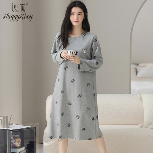 Huggy Kissy 2025新款睡裙女款春秋纯棉中老年长袖长裙睡衣居家服
