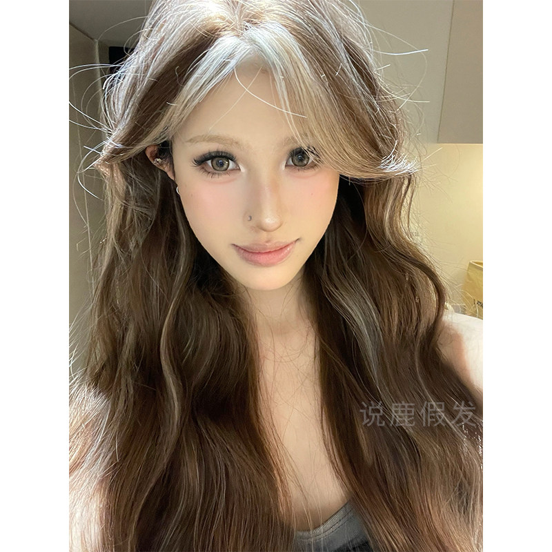 说鹿假发新款一字蕾丝渐变女日常网红长卷发自然逼真全头套