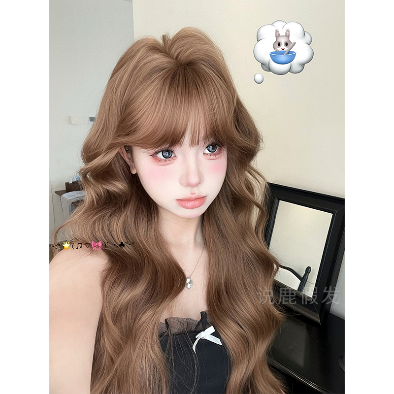 说鹿假发女长卷发齐刘海假发蜜茶亚麻自然逼真全头套式假发