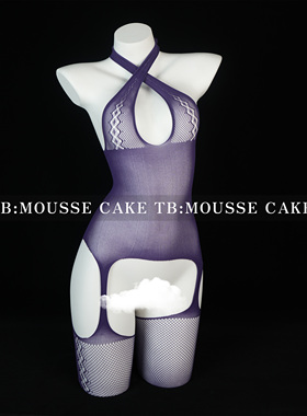 性感纯欲网衣镂空露背挂脖开裆连身袜紫色韵味显瘦丝袜晴趣qqny