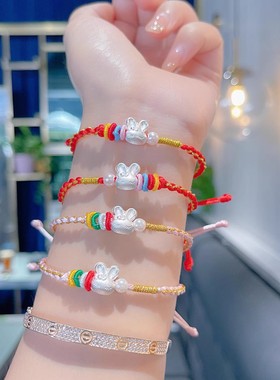 3D硬足银米菲兔手绳纯银卡通编织珐琅彩红手串手链创意本命年礼物