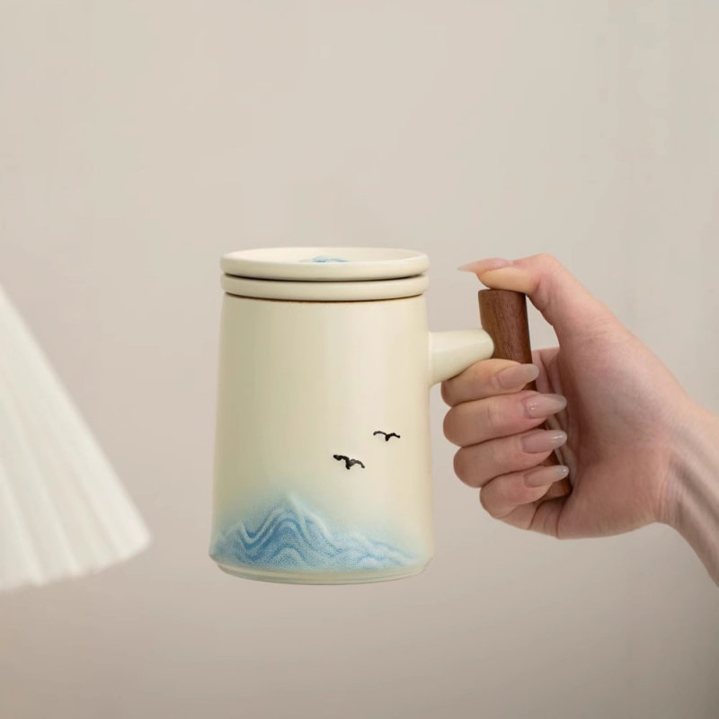 千里江山陶瓷办公杯带便携包大容量茶水分离杯带盖过滤水杯可定制