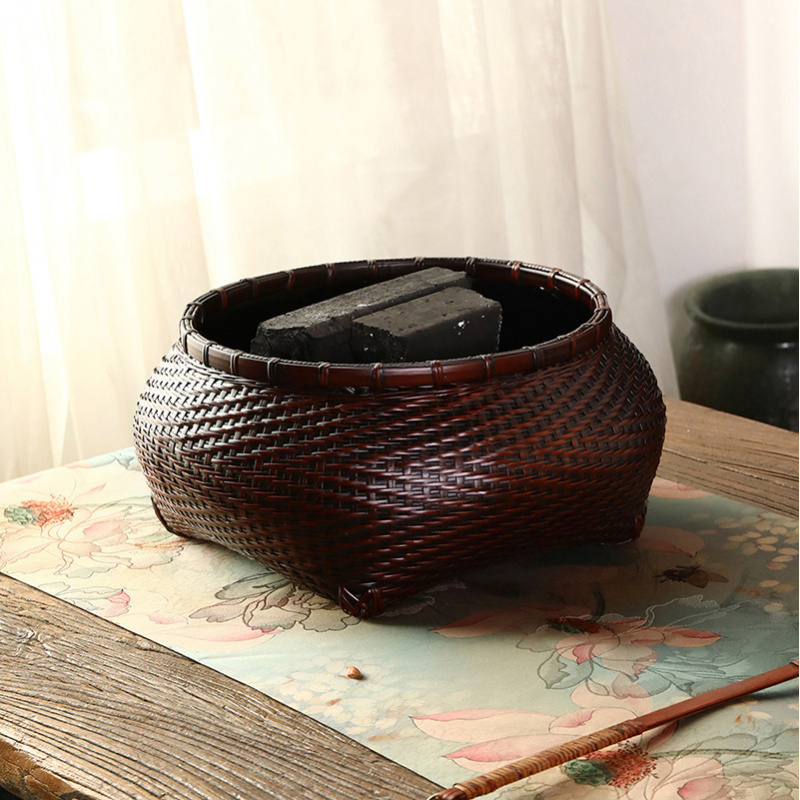 竹编复古碳篓竹制圆碳斗贴锡纸竹
