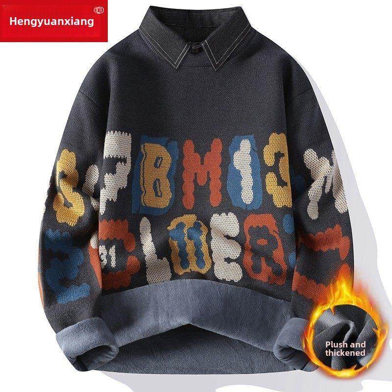 恒源祥青少年加绒加厚毛衣男款冬季保暖衬衫领内搭假两件针织衫潮