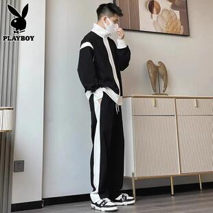 花花公子休闲套装男士春秋季青少年拼接卫衣帅气搭配运动服男一套