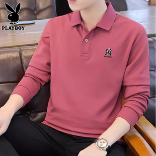 花花公子红色polo衫男士长袖t恤秋季新款潮牌休闲纯棉打底衫男装