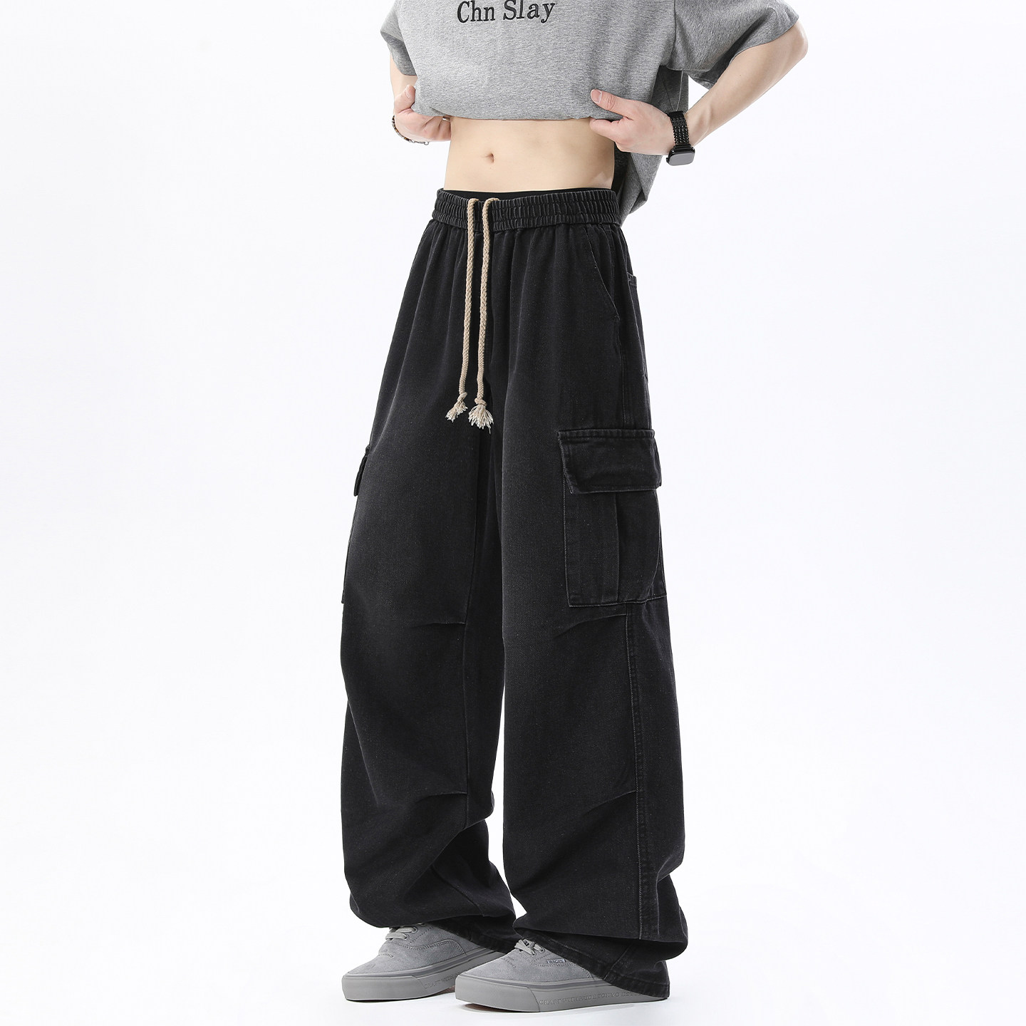 吾一白秋冬季男生美式宽松水洗牛仔工装裤男士抽绳多口袋休闲裤,男装,牛仔裤,淘宝优惠券,粉丝福利购,淘宝优惠卷