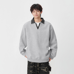 吾一白春秋季2026新款男生美式宽松假两件翻领卫衣男士休闲上衣