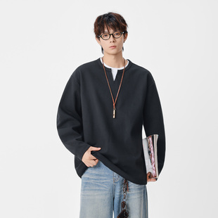 吾一白春秋季2026新款男生百搭宽松假两件圆领卫衣男士休闲打底衫