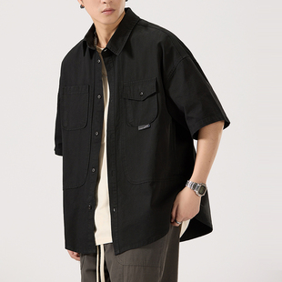 宽松黑色休闲工装 男生美式 衬衫 男士 外套 吾一白夏季 短袖 2026新款