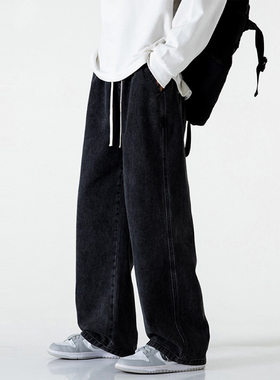 吾一白春秋2026新款男生美式加绒黑色宽松直筒牛仔裤男士休闲裤子