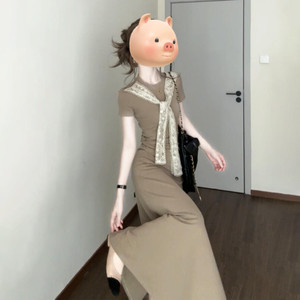 法式复古蕾丝拼接披肩短袖连衣裙子女2026夏季新款气质假两件长裙
