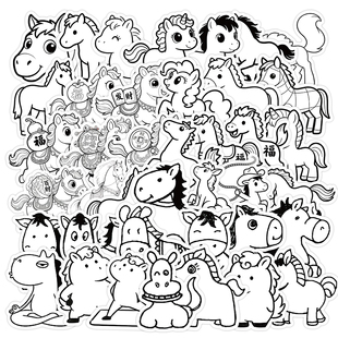 120张小马简笔画贴纸Q版黑白小马卡通马年创意装饰手机壳防水贴画