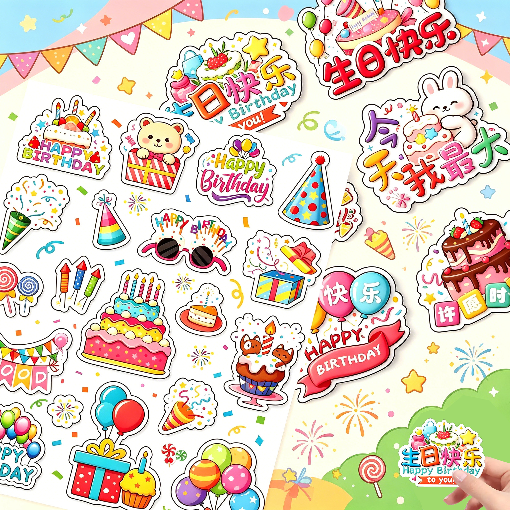生日快乐贴纸可爱卡通幼儿园小朋友生日礼物派对装饰素材防水贴画
