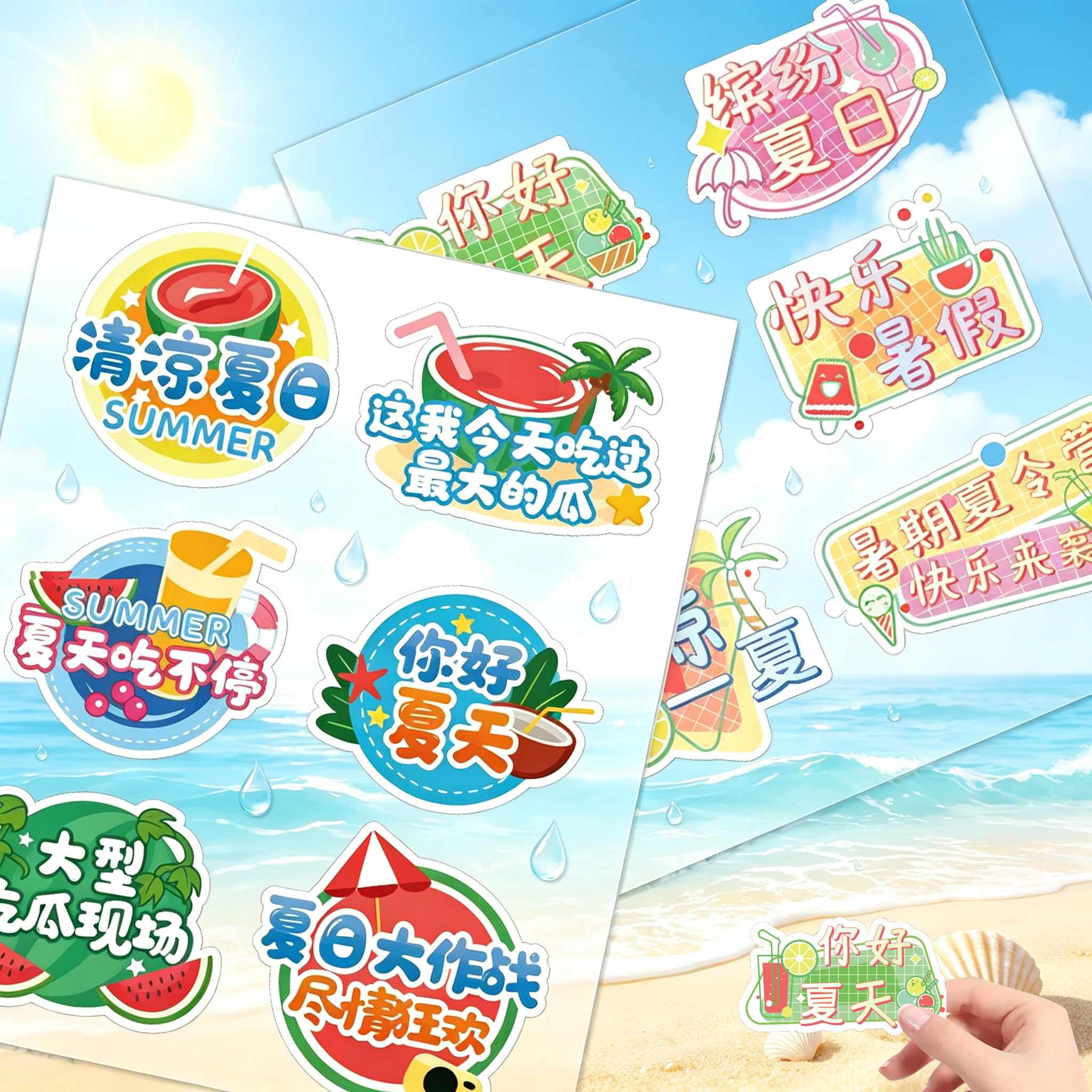 卡通夏日元素贴纸西瓜海边沙滩饮品小清新清爽装饰手帐防水贴画