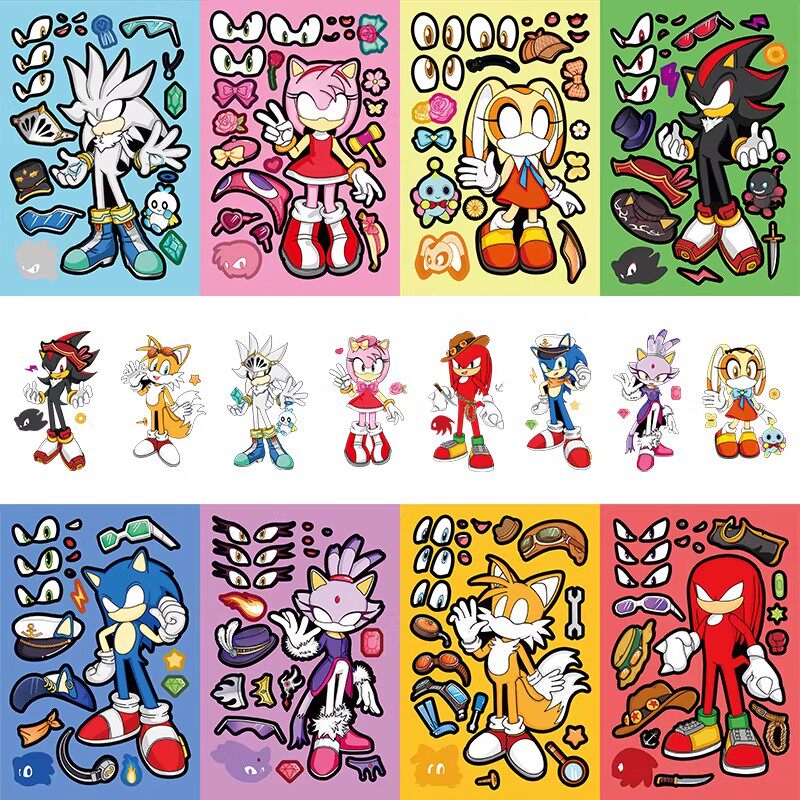 8张刺猬索尼克益智拼贴儿童卡通游戏换装贴纸玩具手工DIY自粘贴画