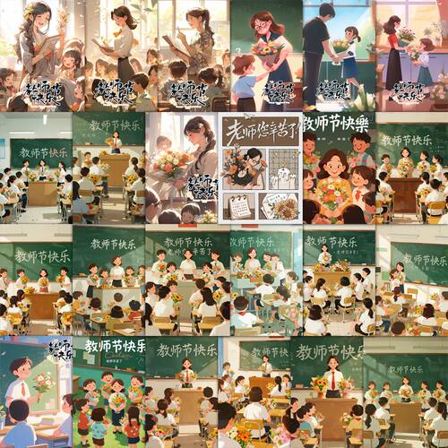 63张教师节插画贴纸感恩可爱卡通温馨女孩儿童学生装饰防水封口贴