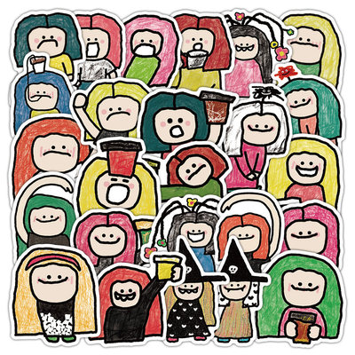 100张Aee和Cui贴纸卡通毛猫和毛竹手绘女孩创意图案装饰防水贴画