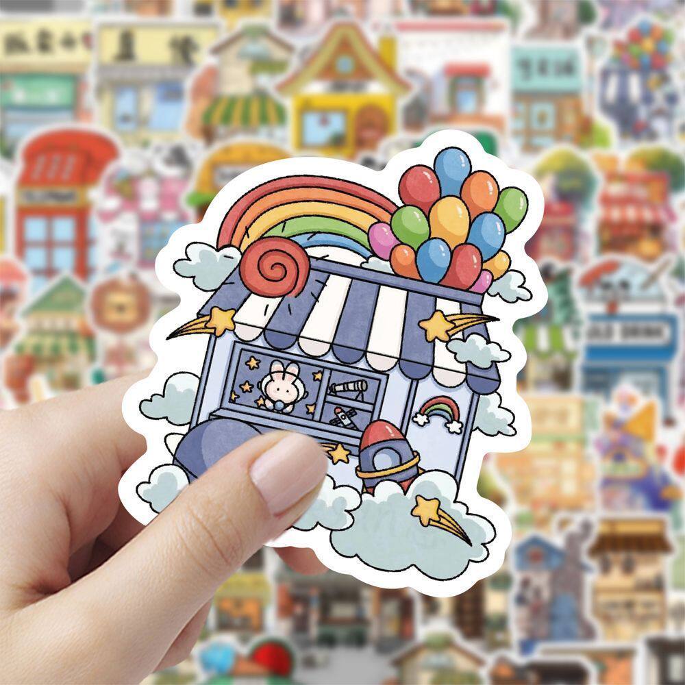 新款街边小店建筑小房子贴纸二次元插画日系风景手账diy装饰贴画