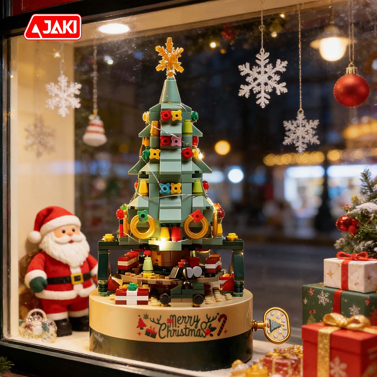 JAKI佳奇积木圣诞树旋转八音盒摆件拼装圣诞节礼物音乐玩具男女孩
