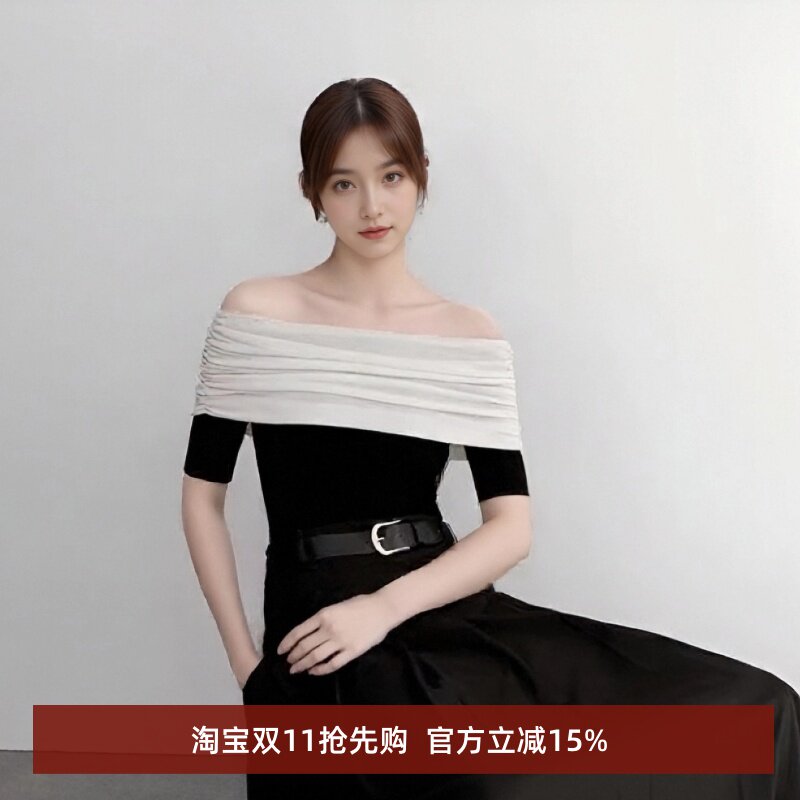 时尚休闲一字领漏肩针织衫上衣女