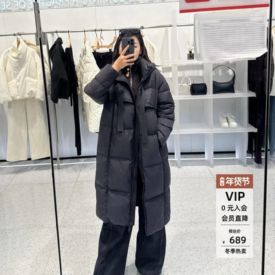 2025冬黑色长款连帽羽绒服外套