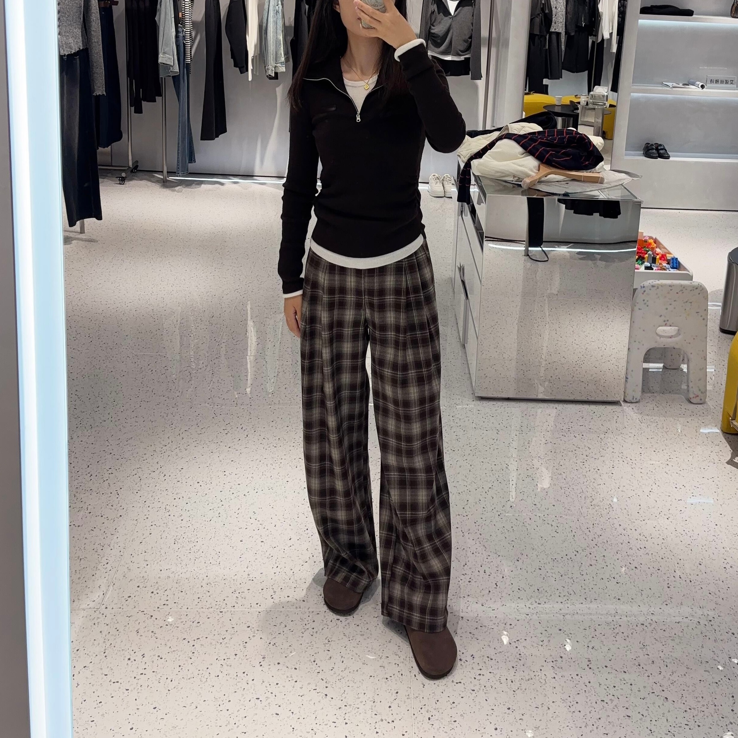 2025冬款复古格子休闲阔腿裤女