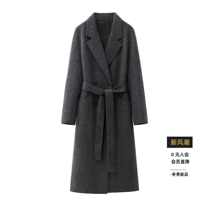 长款系带双面呢大衣毛呢外套