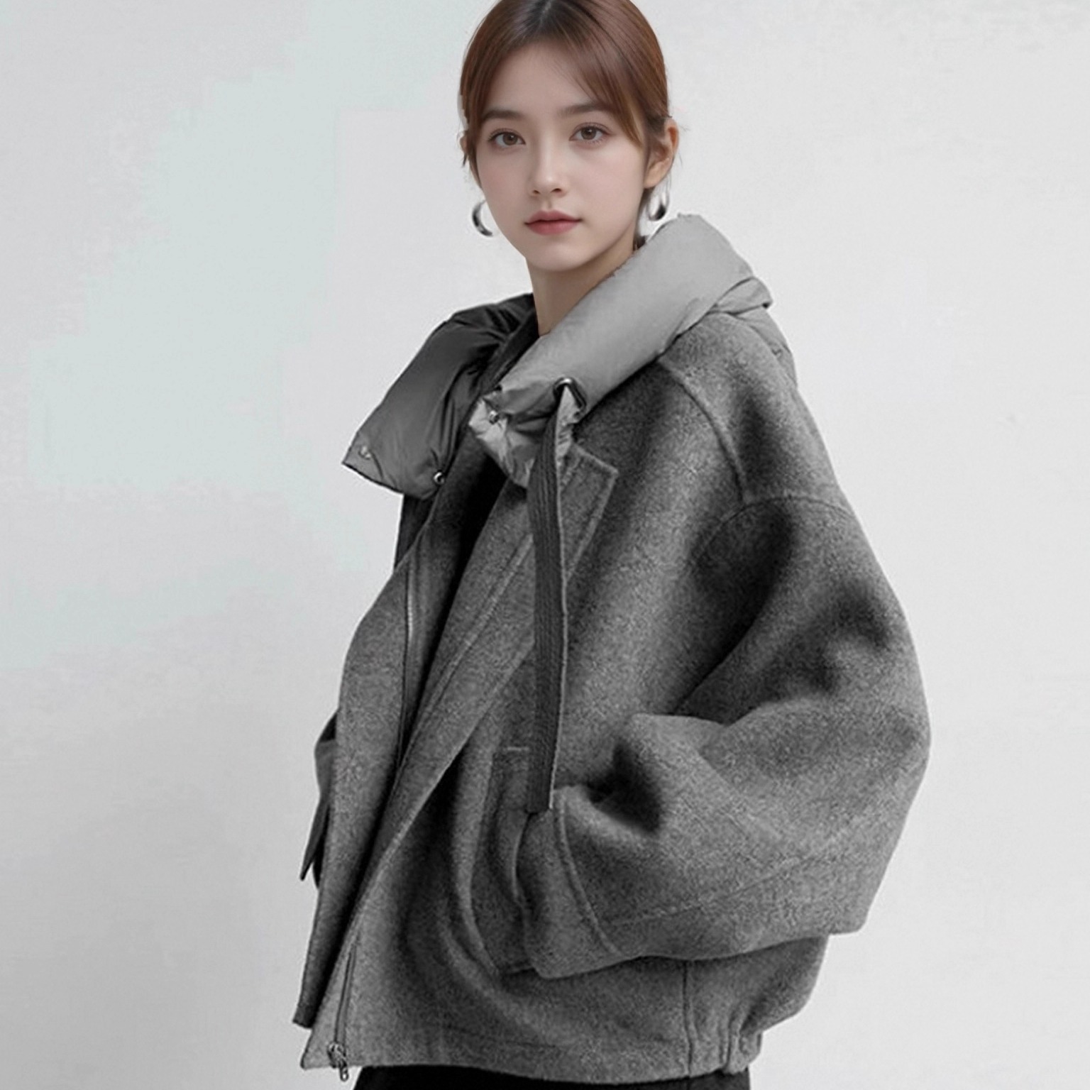 新款百搭休闲连帽毛呢外套女
