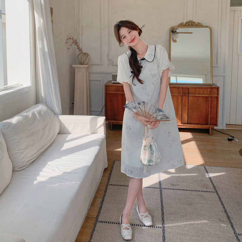 米白色新中式印花连衣裙女2025夏季新款温柔风宽松小个子改良旗袍，女装连衣裙，浙宝B馆111（原065）