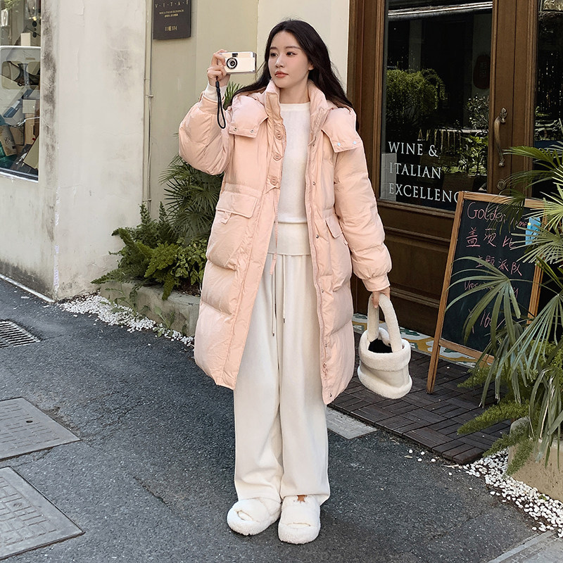 韩版中长款过膝连帽羽绒服女2025冬季新款加厚显瘦保暖白鸭绒外套,女装羽绒服,浙宝B馆111（原065）