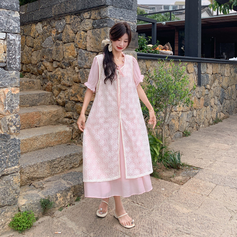 粉色甜美泡泡袖连衣裙叠穿蕾丝罩衫两件套女,女装连衣裙,浙宝B馆111（原065）