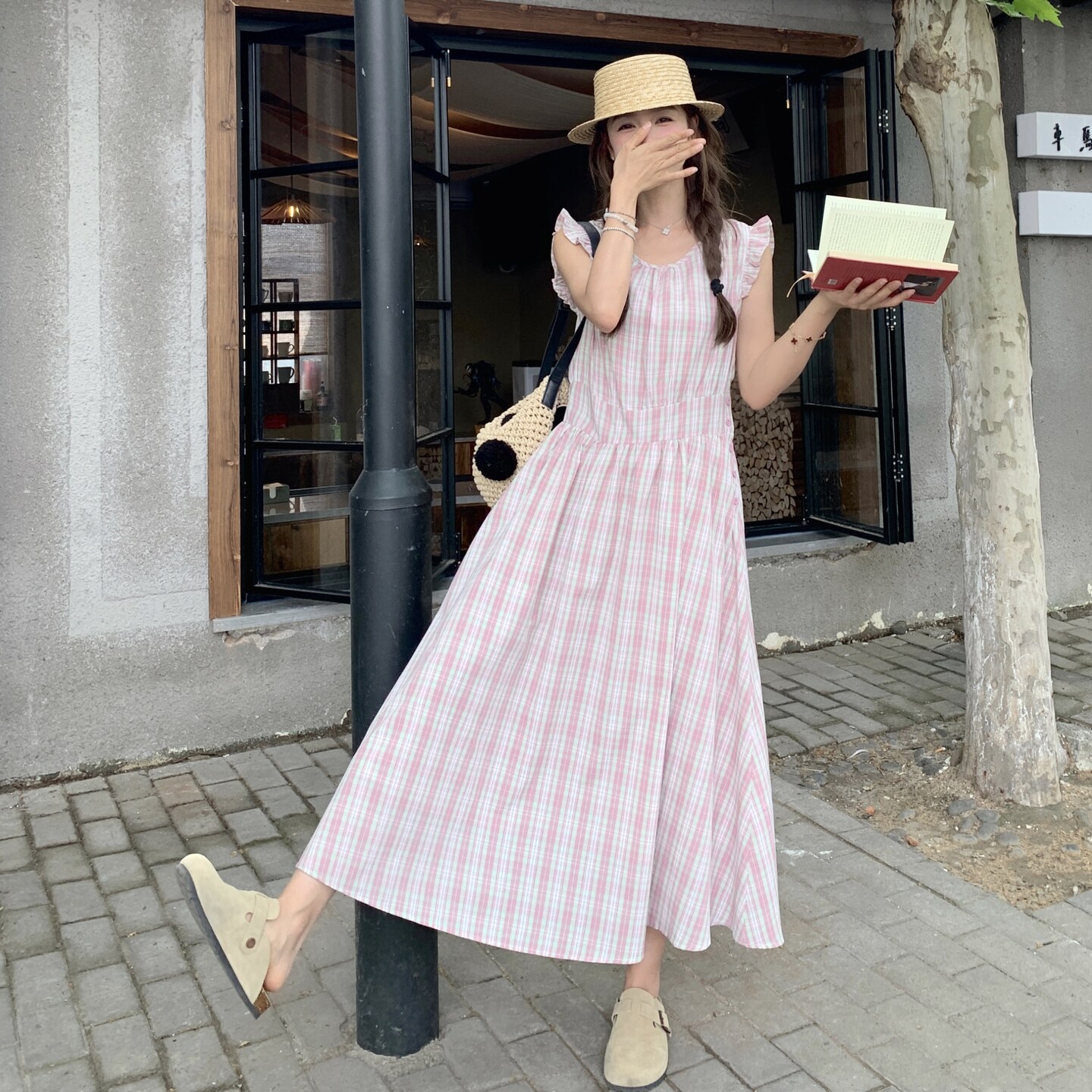 粉色格子无袖连衣裙女2025夏季新款韩系甜美少女感度假风背心长裙,女装连衣裙,浙宝B馆111（原065）