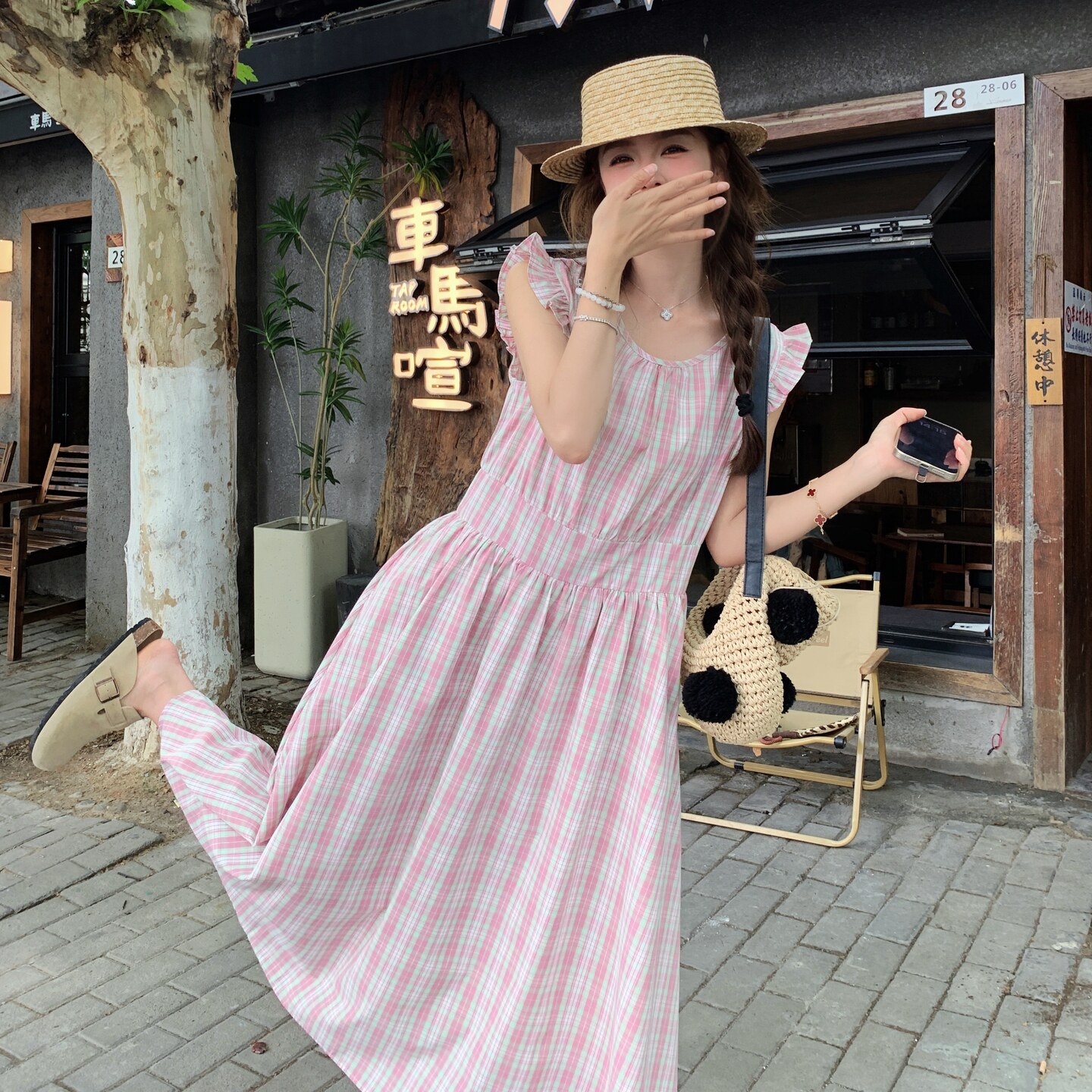 粉色格子无袖连衣裙女2025夏季新款韩系甜美少女感度假风背心长裙,女装连衣裙,浙宝B馆111（原065）