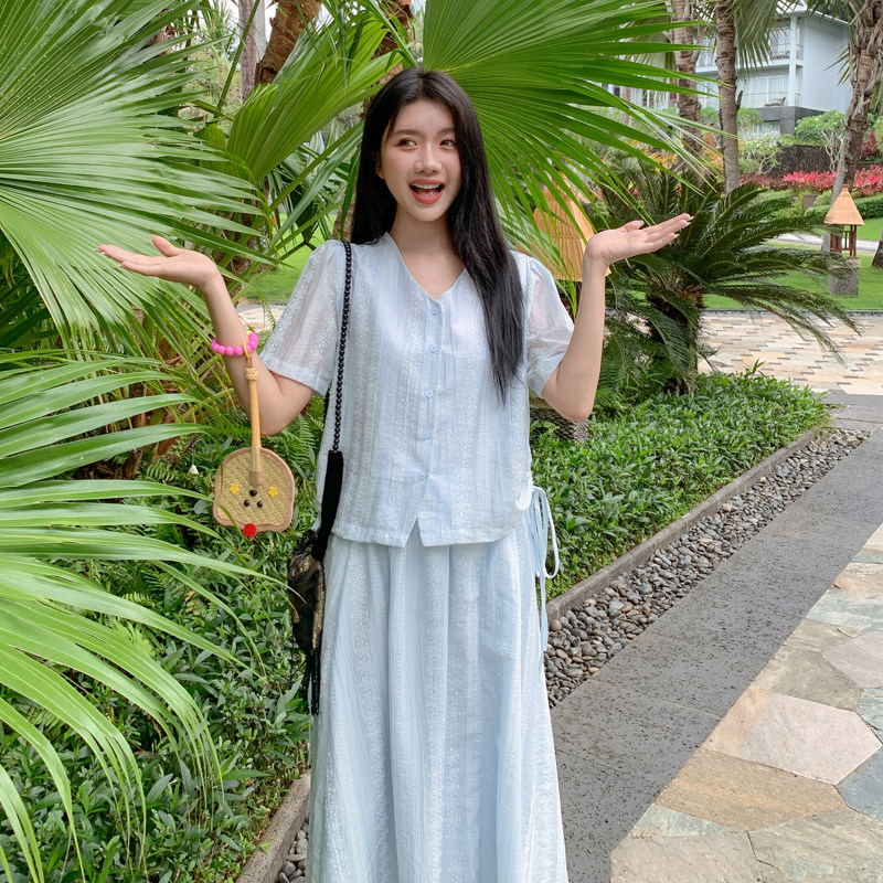 浅蓝色甜美温柔风减龄套装女2025年夏季新款显瘦上衣半身裙两件套,女装套装/套裙,浙宝B馆111（原065）