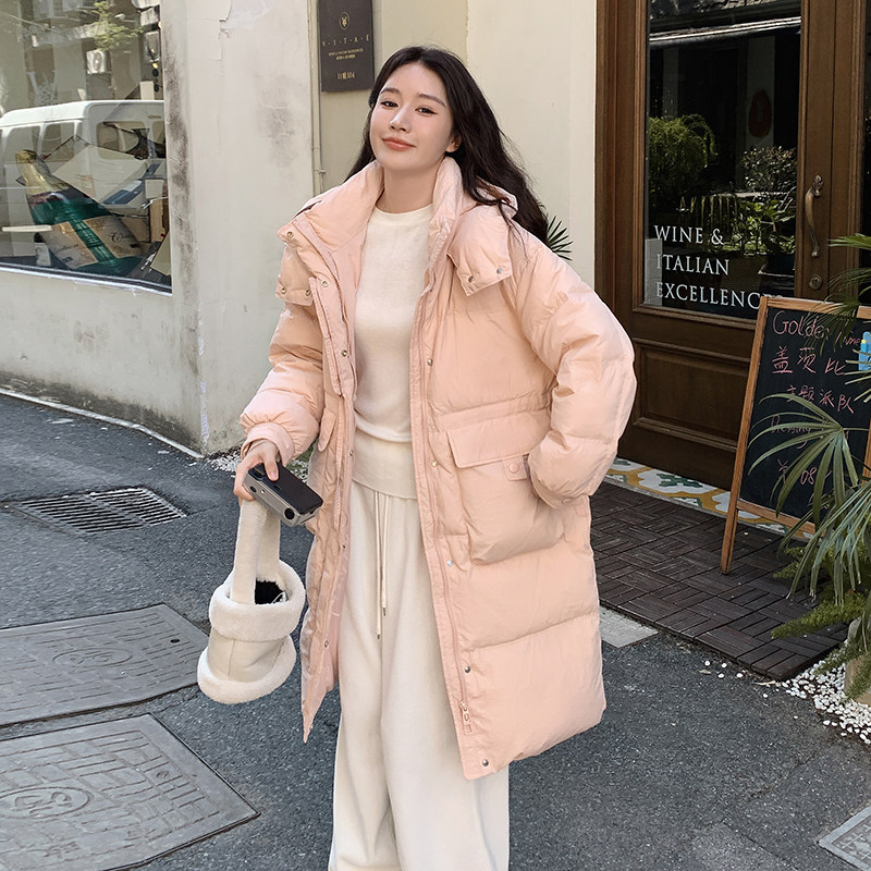 韩版中长款过膝连帽羽绒服女2025冬季新款加厚显瘦保暖白鸭绒外套,女装羽绒服,浙宝B馆111（原065）